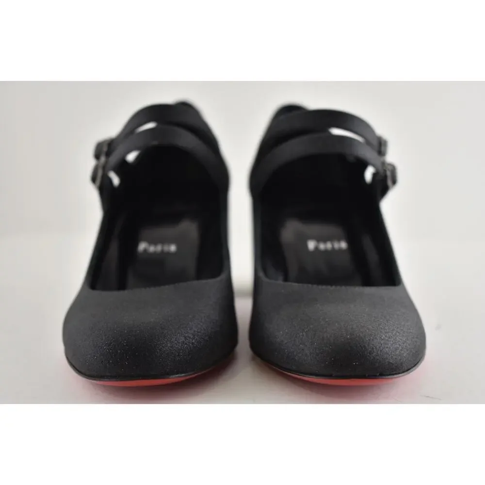 Christian Louboutin Miss Jane 55 Black Glitter Mary Jane Block Heel Pump 37.5
